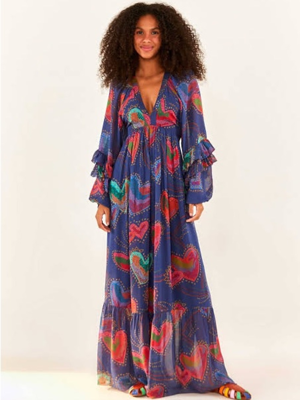 FARM Rio Blue Maxi Dress with Multicolor Heart Print